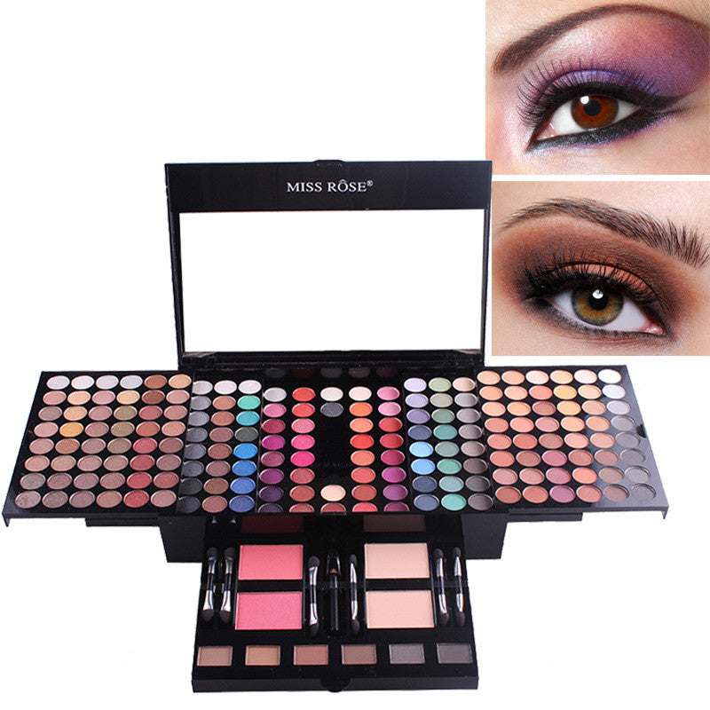 Makeup palette with colorful shades and a close-up of eye makeup application.