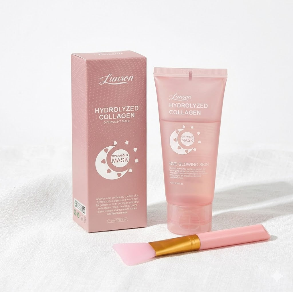 Pink hydrolyzed collagen mask packaging with a tube and brush on a white background