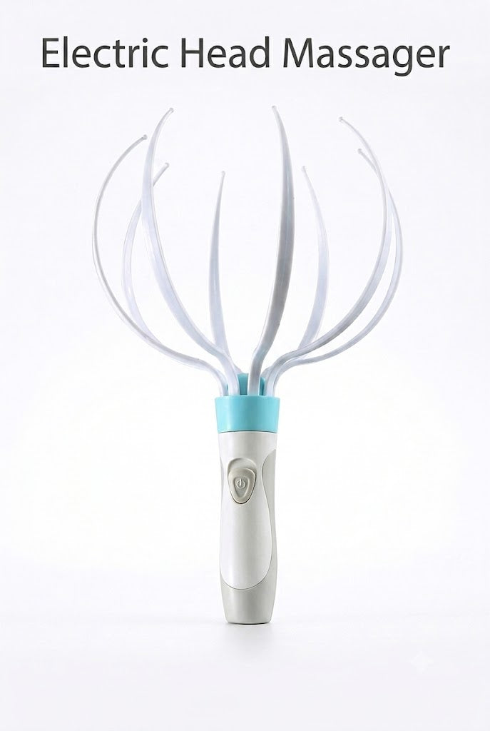 Electric head massager with white silicone nodes and blue base on a white background