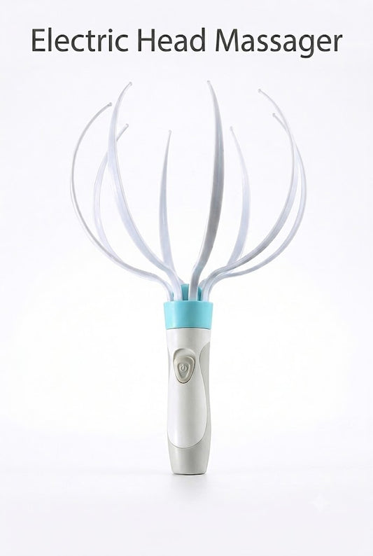 Electric head massager with white silicone nodes and blue base on a white background