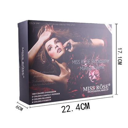 Miss Rose makeup palette packaging with dimensions on a white background