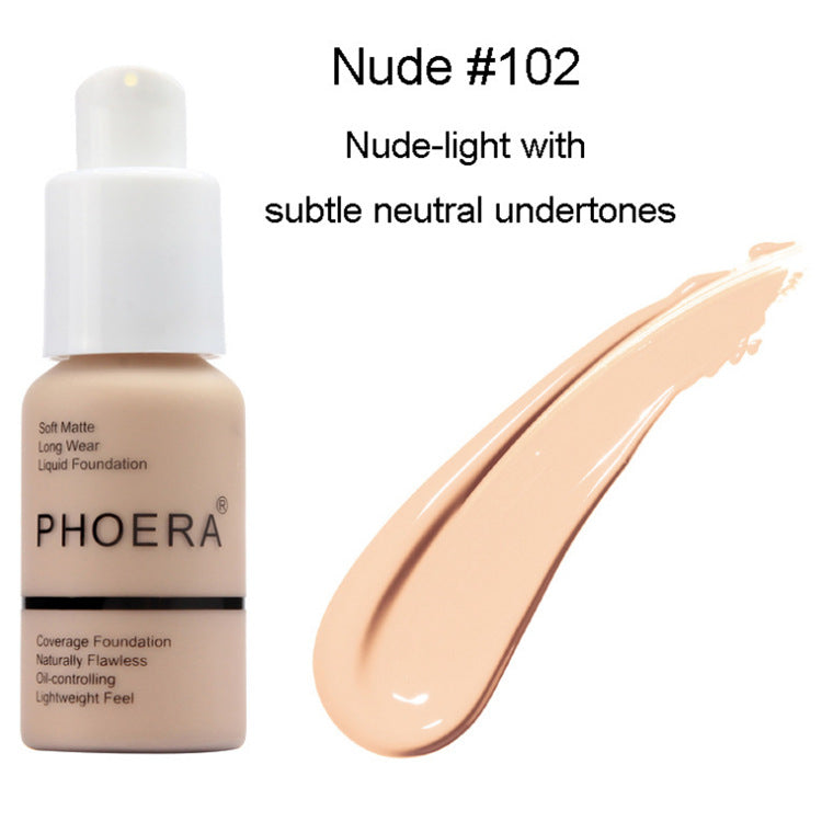 PHOERA foundation bottle with a swatch of Nude #102 shade on a white background