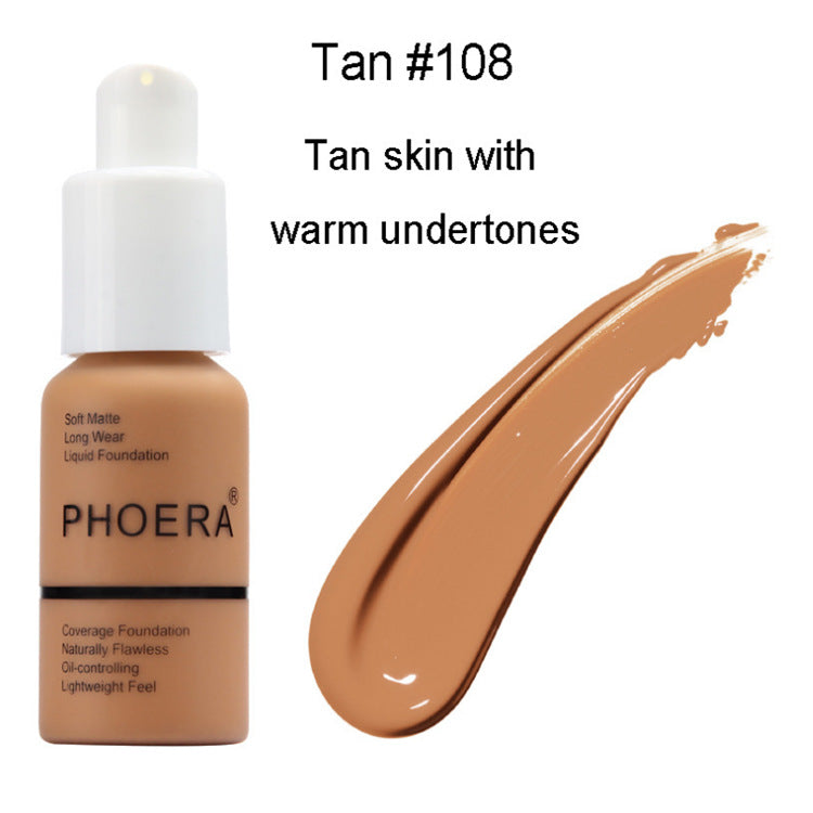 PHOERA foundation bottle with a swatch of Tan #108 shade on a white background