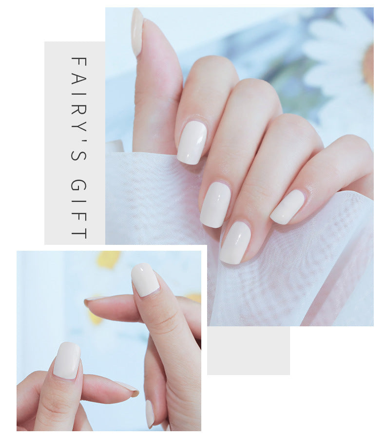 Collage of hands with light beige nail polish and 'Fairy's Gift' branding.