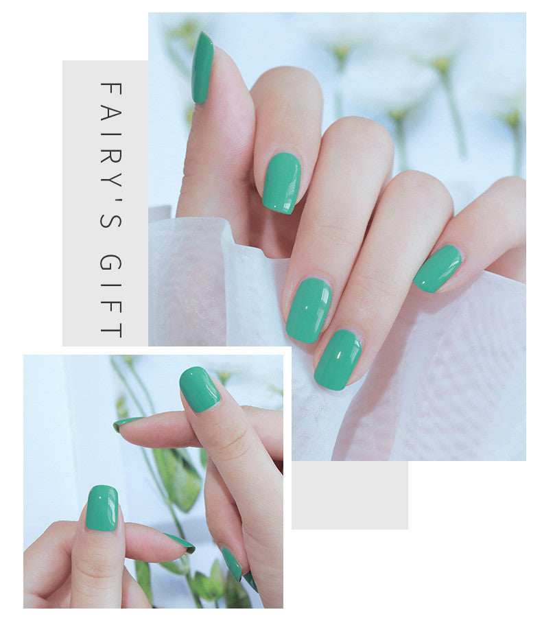 Collage of green nail polish on nails with 'Fairy's Gift' branding.