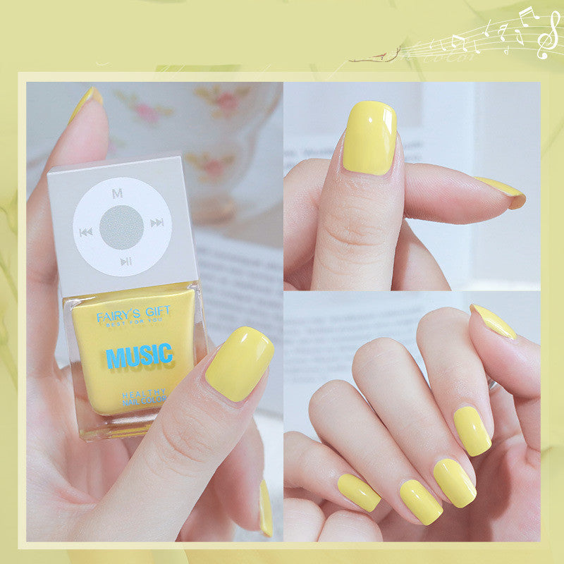 Yellow nail polish with 'Music' text on a small bottle, shown on nails and packaging.