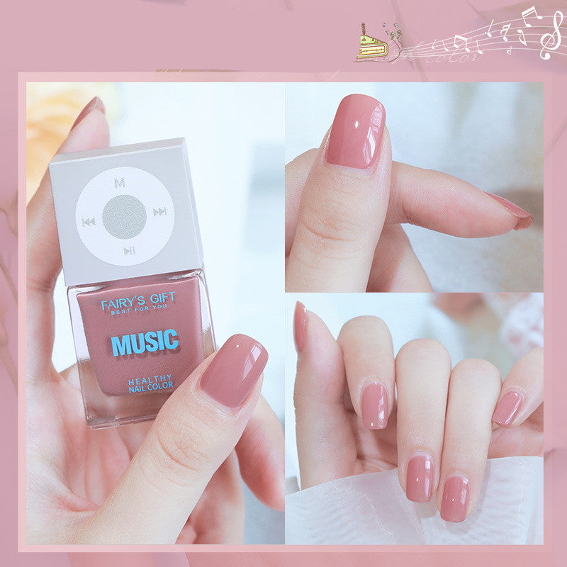 Nail polish with 'Music' text and nail color swatches on a pink background
