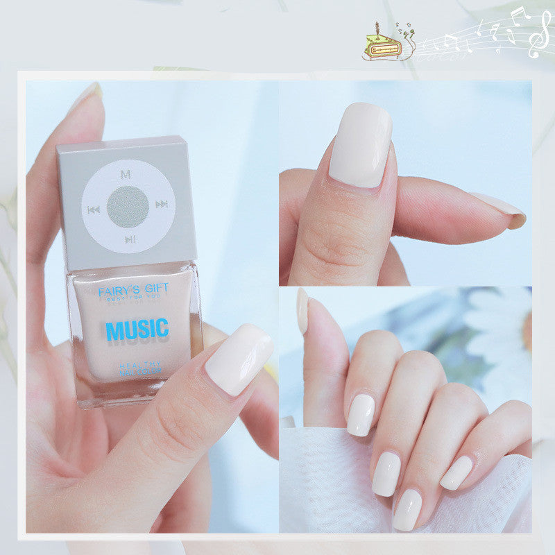 Collage of a hand holding a small electronic device with 'Music' text, close-up of nails with light-colored nail polish, and a blurred background.