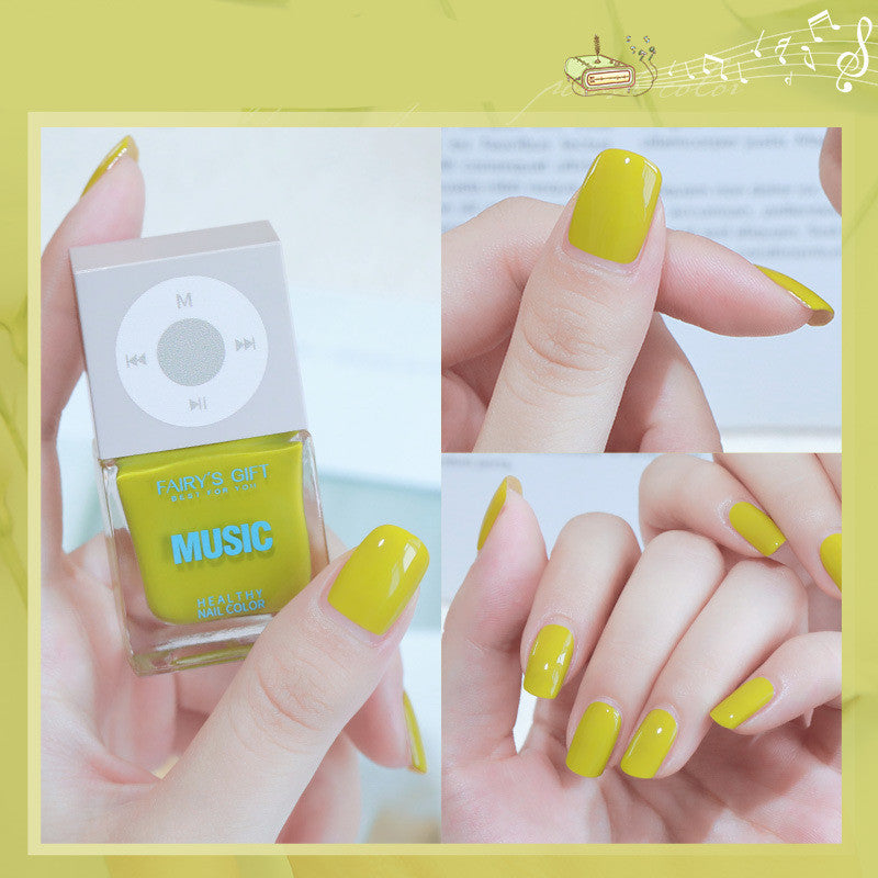 Yellow nail polish bottle with 'Music' text, shown on nails.