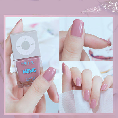 Pink nail polish with 'Music' design and application on nails