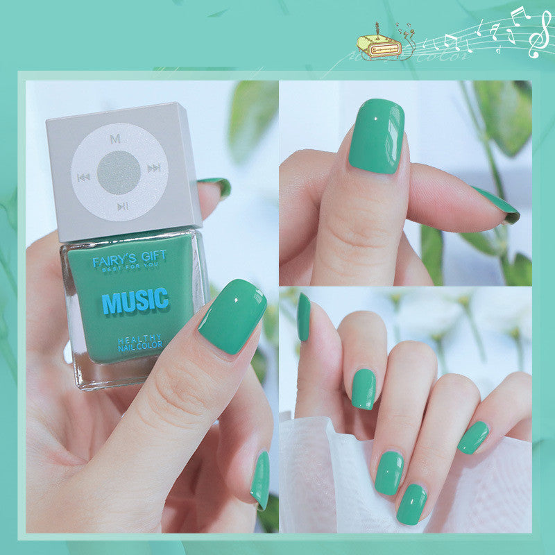 Green nail polish with 'Music' text, held by a hand, and applied to nails.