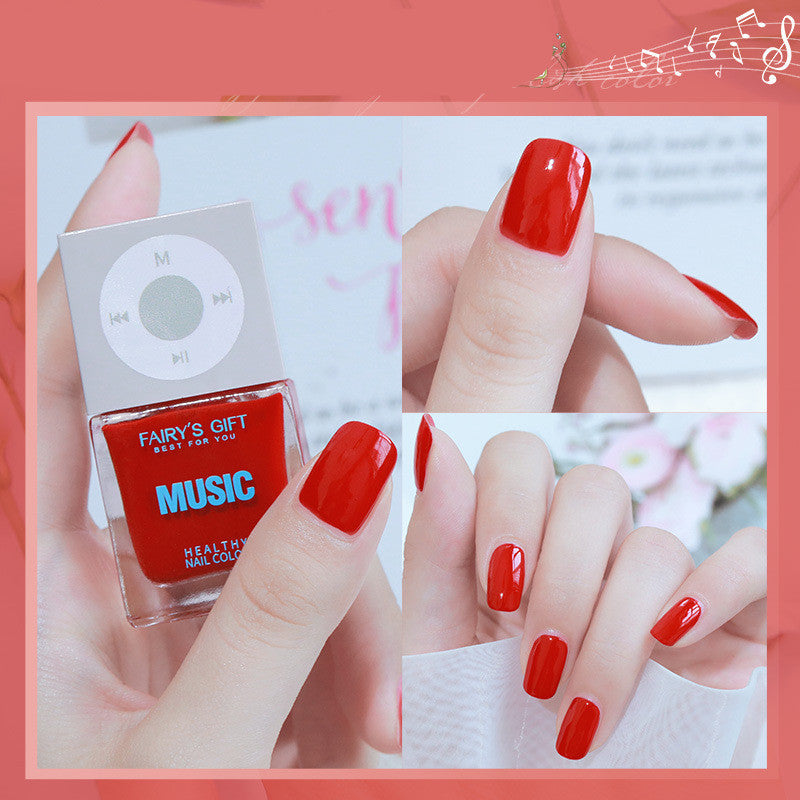 Red nail polish bottle labeled 'Music' with a person wearing red nails against a light background.