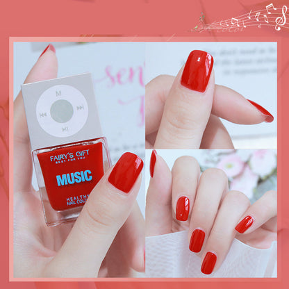 Red nail polish bottle labeled 'Music' with a person wearing red nails against a light background.