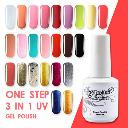 Gel polish bottle with a display of colorful nail samples on a red background