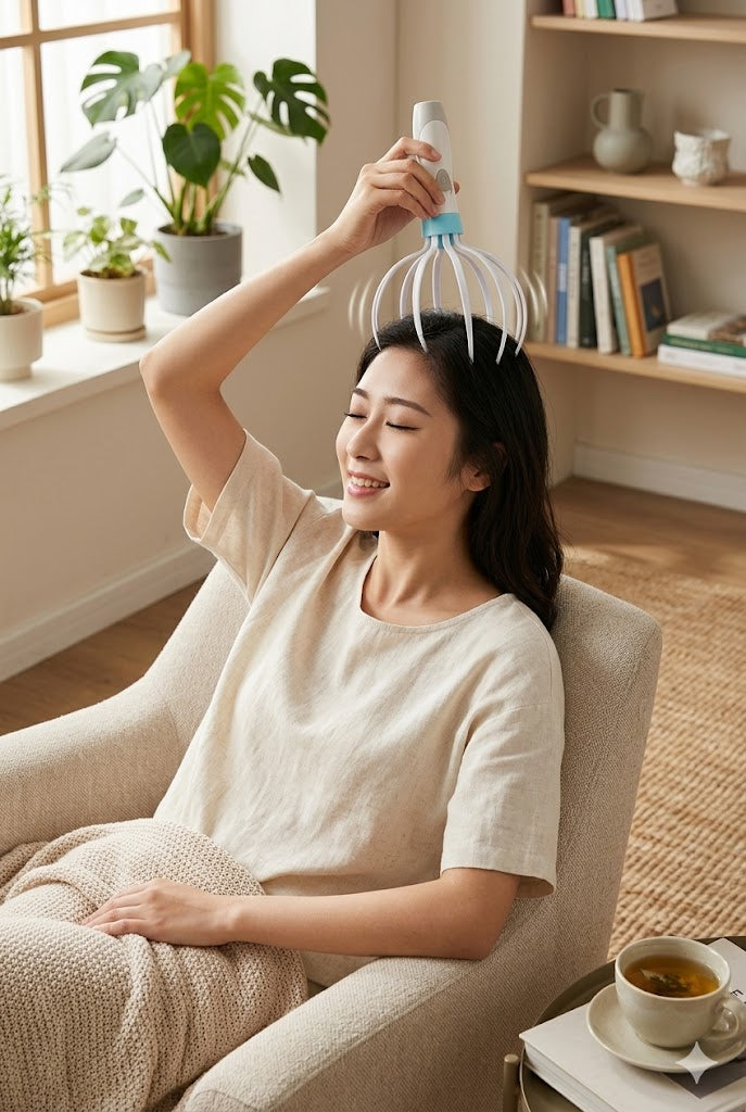 Woman using a head massager in a cozy living room.