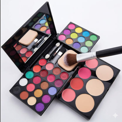Makeup palettes with brushes on a white background