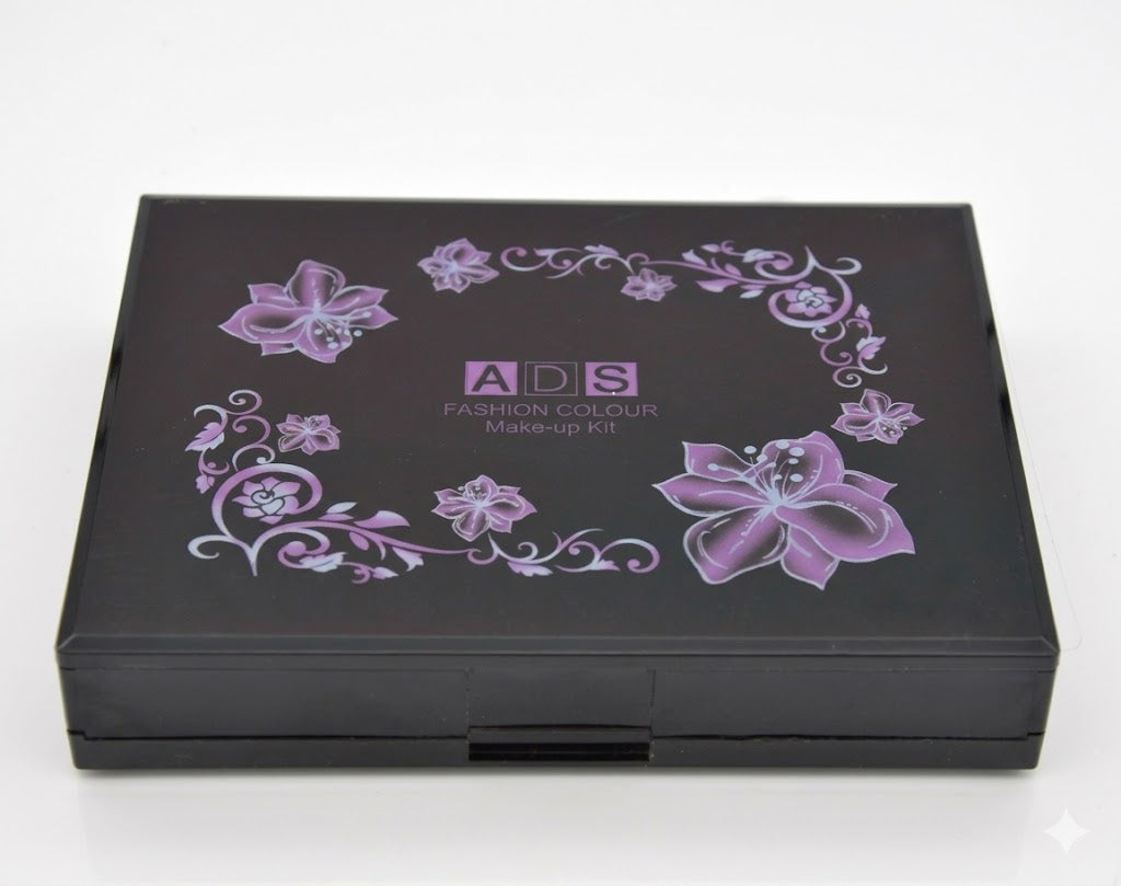 Black makeup kit with floral designs and 'ADS' branding on a white background