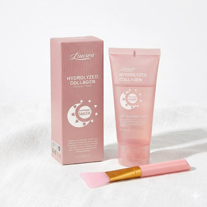 Pink hydrolyzed collagen mask packaging with a tube and brush on a white background