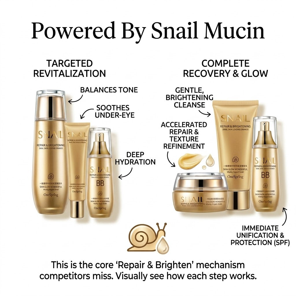 Skincare product set with snail mucin benefits on a white background