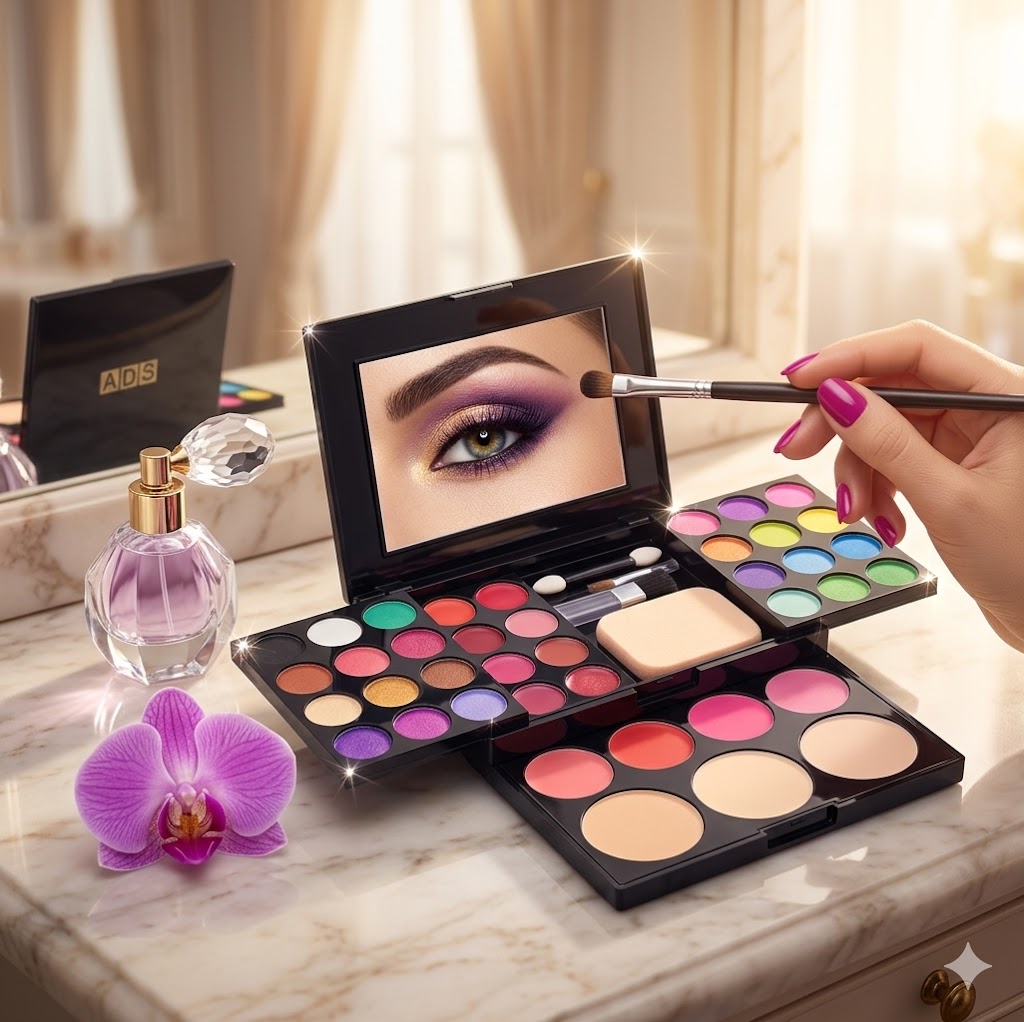 Makeup palette with colorful shades, a brush, and a perfume bottle on a marble surface.
