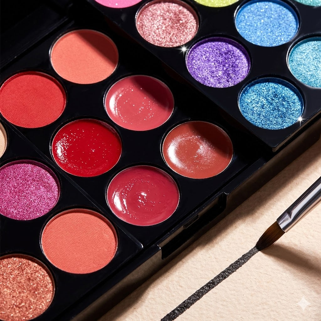 Makeup palette with colorful eyeshadows and a brush on a wooden surface