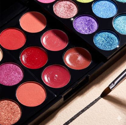 Makeup palette with colorful eyeshadows and a brush on a wooden surface