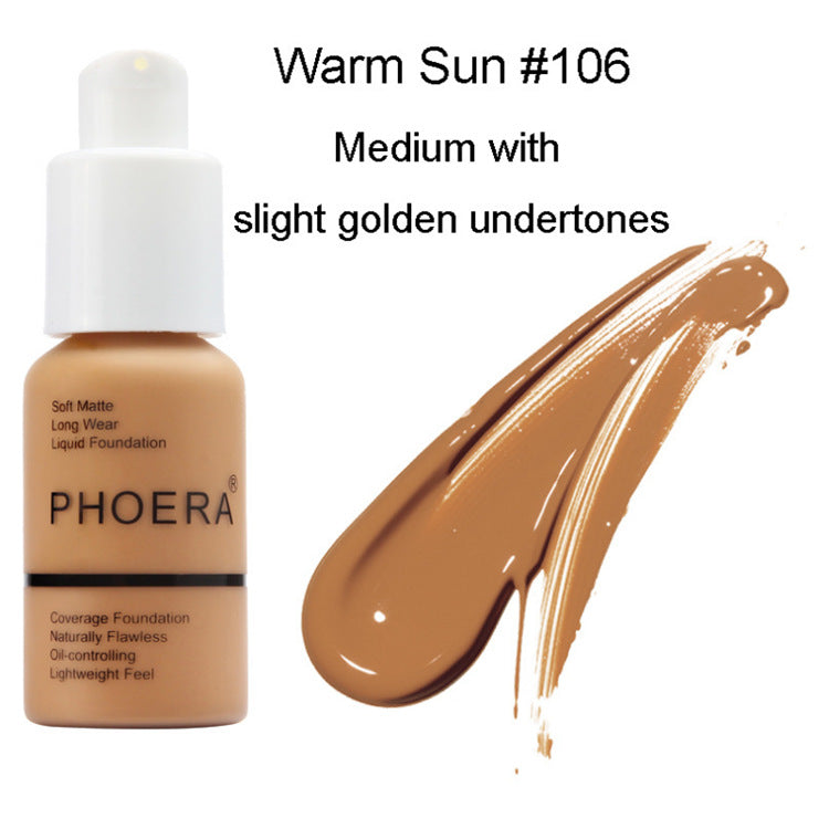 PHOERA foundation bottle with a swatch of Warm Sun #106 shade on a white background