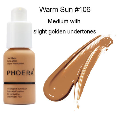 PHOERA foundation bottle with a swatch of Warm Sun #106 shade on a white background