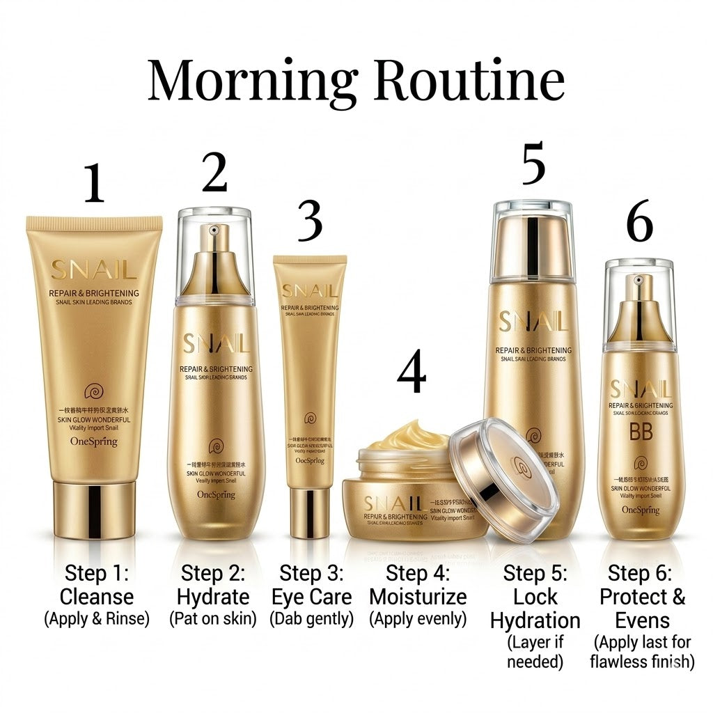 SK-II skincare products with step-by-step morning routine instructions on a white background