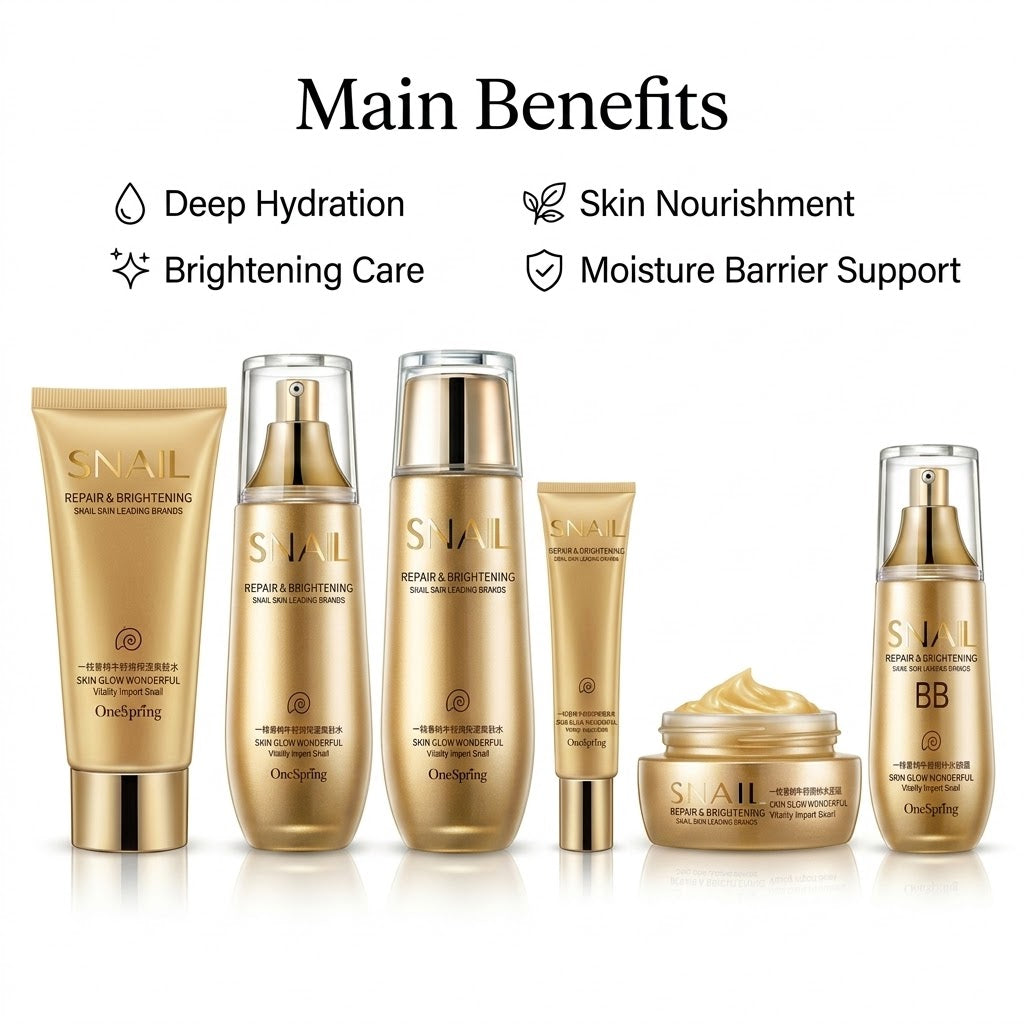 Skincare product set with 'Snail' branding and listed benefits on a white background