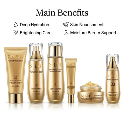 Skincare product set with 'Snail' branding and listed benefits on a white background
