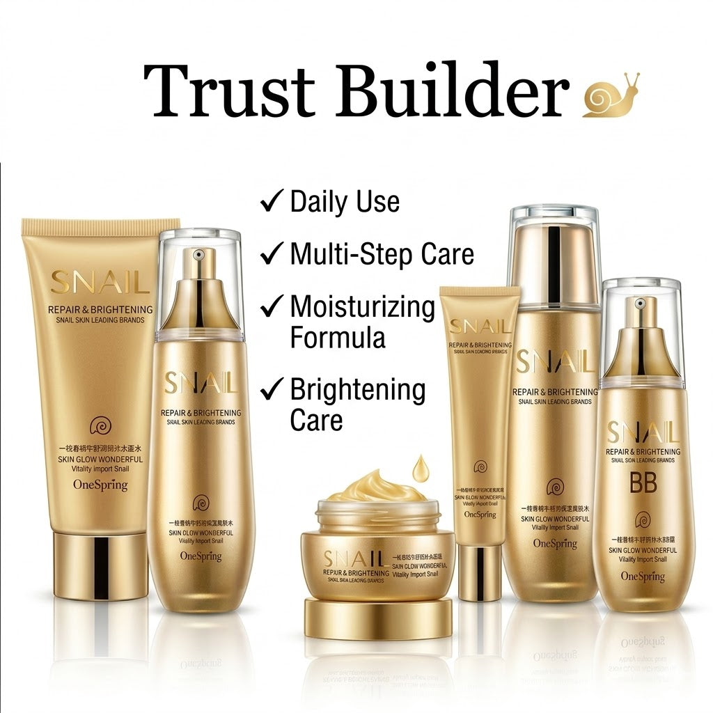 Skincare product set with 'Snail' branding and features listed on a white background.