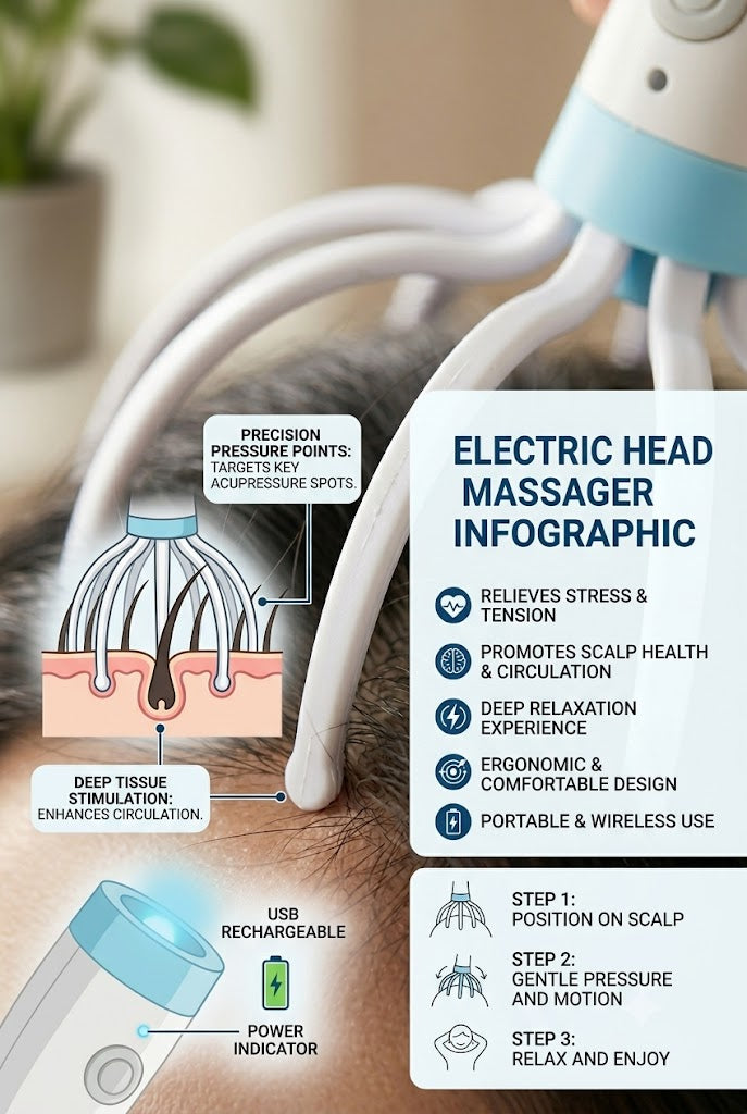 Electric head massager with an infographic detailing its features and benefits.