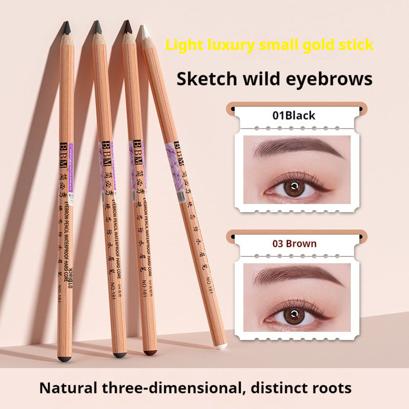 Eyebrow pencils with color options and eye makeup examples on a beige background