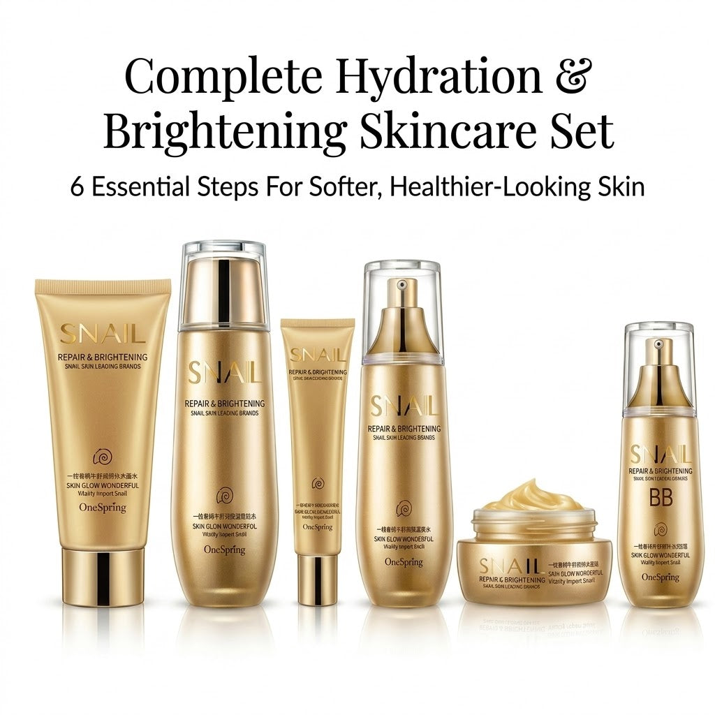 Skincare product set with gold and white bottles and containers on a white background